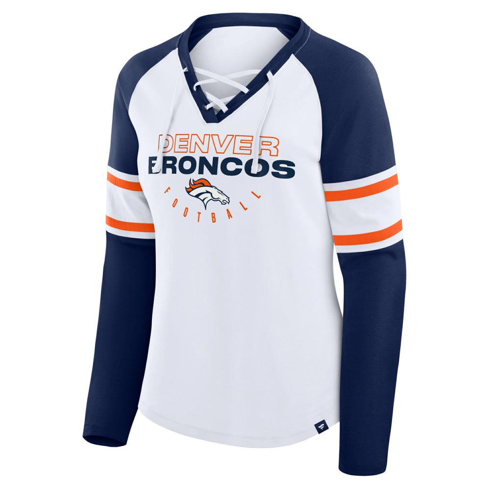 Denver Broncos Women's Redzone Blitz Package Raglan Lace-Up V-Neck Long Sleeve T-Shirt White/Navy - Fanatics