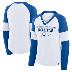 Indianapolis Colts Women's Redzone Blitz Package Raglan Lace-Up V-Neck Long Sleeve T-Shirt White/Royal - Fanatics