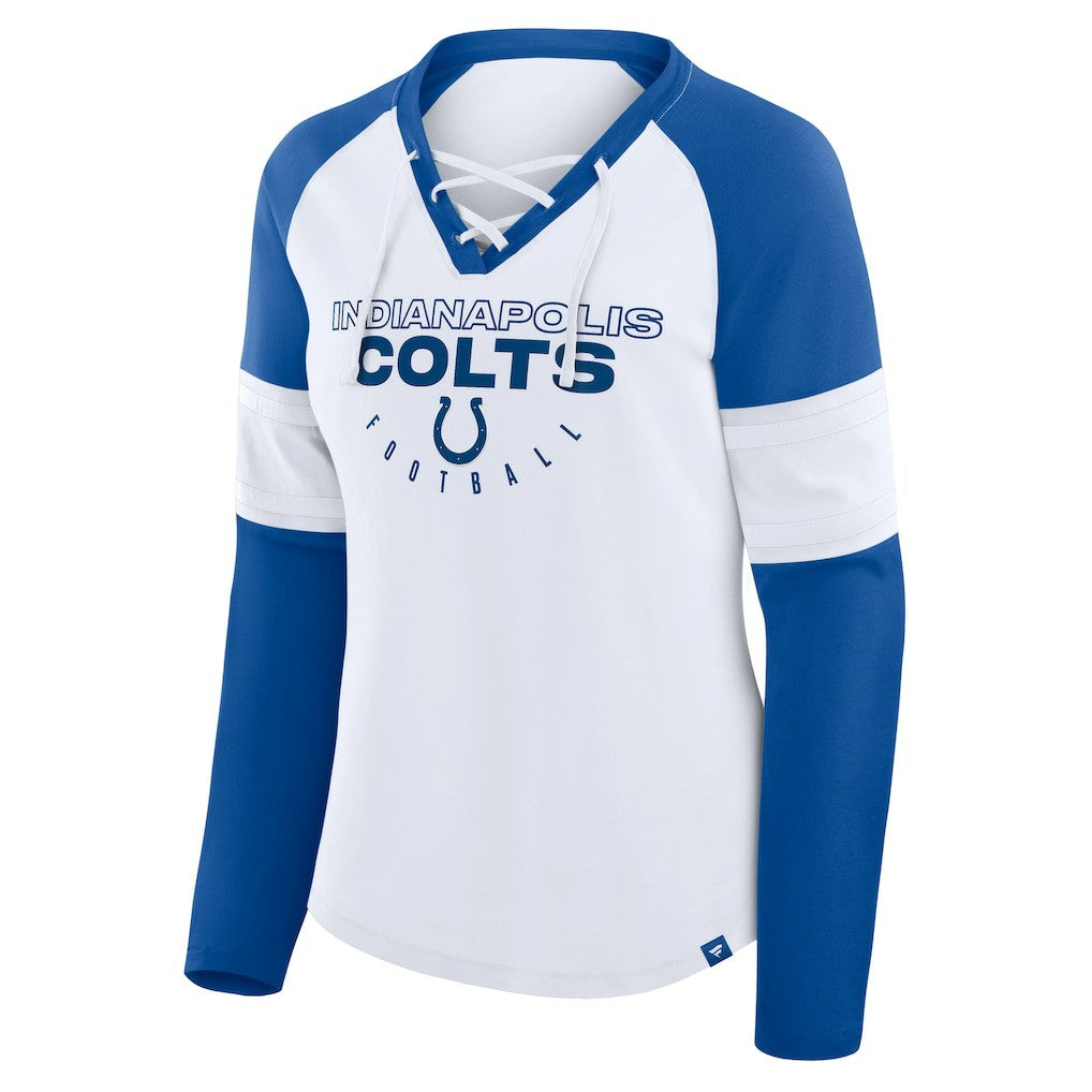 Indianapolis Colts Women's Redzone Blitz Package Raglan Lace-Up V-Neck Long Sleeve T-Shirt White/Royal - Fanatics