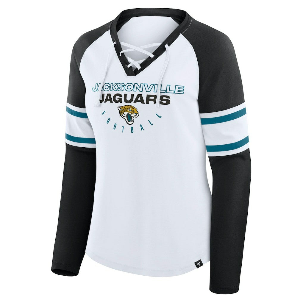 Jacksonville Jaguars Women's Redzone Blitz Package Raglan Lace-Up V-Neck Long Sleeve T-Shirt White/Black - Fanatics