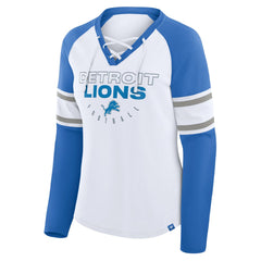 Detroit Lions Women's Redzone Blitz Package Raglan Lace-Up V-Neck Long Sleeve T-Shirt White/Blue - Fanatics
