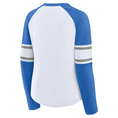 Detroit Lions Women's Redzone Blitz Package Raglan Lace-Up V-Neck Long Sleeve T-Shirt White/Blue - Fanatics