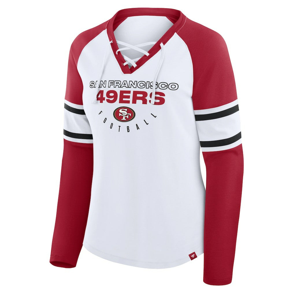 San Francisco 49ers Women's Redzone Blitz Package Raglan Lace-Up V-Neck Long Sleeve T-Shirt White/Scarlet - Fanatics