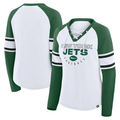 New York Jets Women's Redzone Blitz Package Raglan Lace-Up V-Neck Long Sleeve T-Shirt White/Green - Fanatics