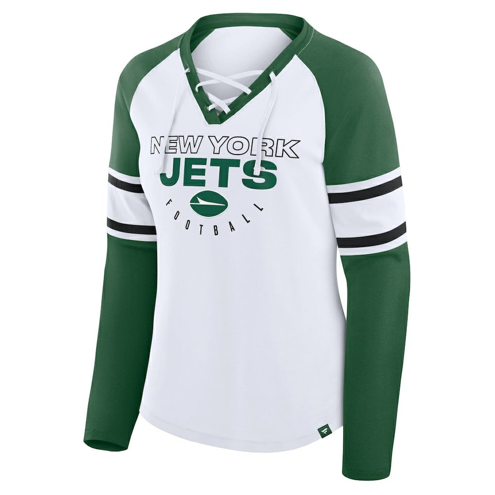 New York Jets Women's Redzone Blitz Package Raglan Lace-Up V-Neck Long Sleeve T-Shirt White/Green - Fanatics