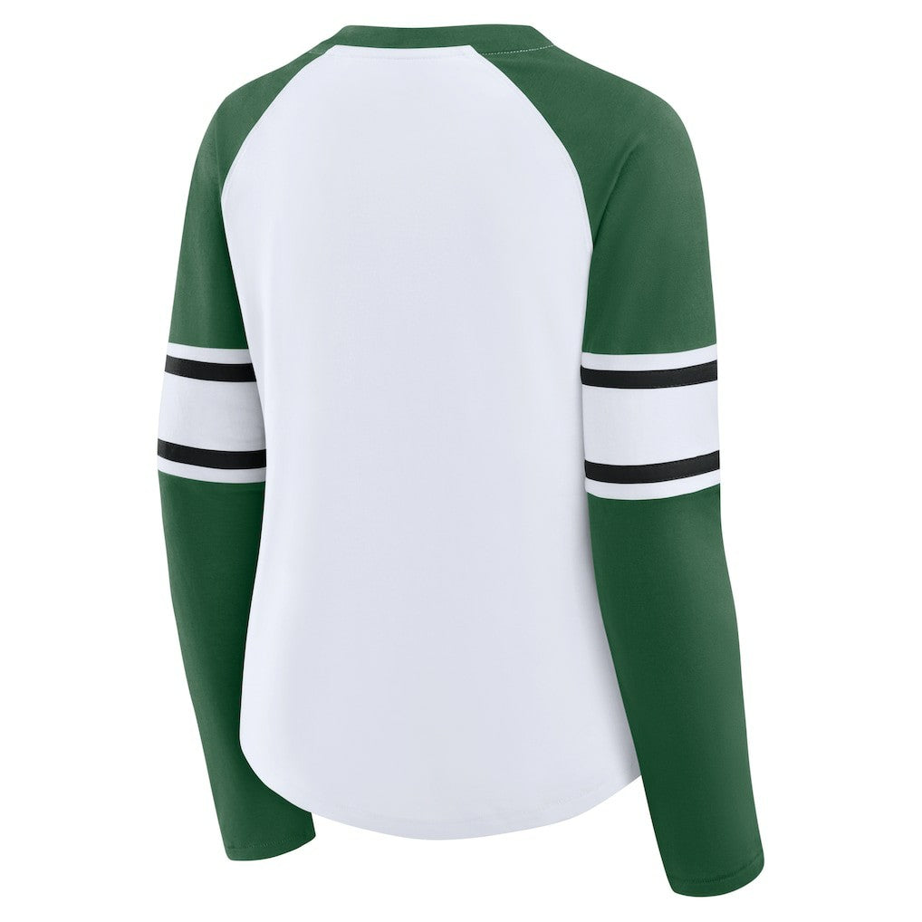 New York Jets Women's Redzone Blitz Package Raglan Lace-Up V-Neck Long Sleeve T-Shirt White/Green - Fanatics