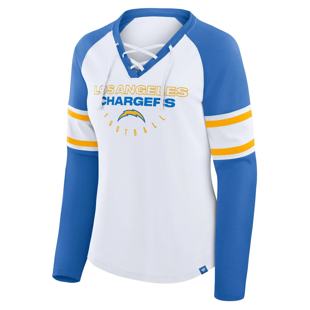 Los Angeles Chargers Women's Redzone Blitz Package Raglan Lace-Up V-Neck Long Sleeve T-Shirt White/Powder Blue - Fanatics