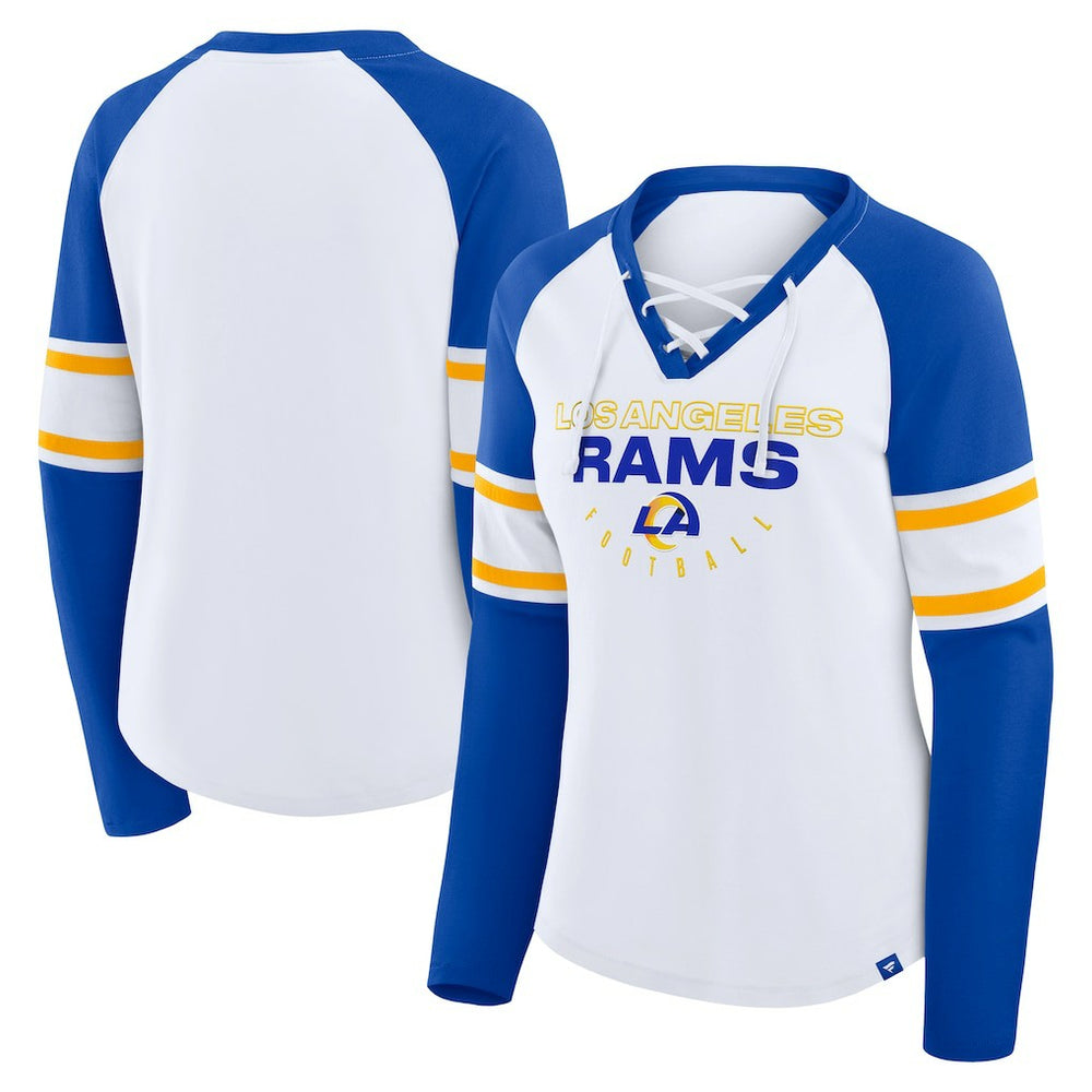 Los Angeles Rams Women's Redzone Blitz Package Raglan Lace-Up V-Neck Long Sleeve T-Shirt White/Royal - Fanatics