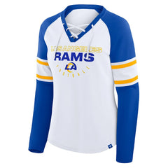 Los Angeles Rams Women's Redzone Blitz Package Raglan Lace-Up V-Neck Long Sleeve T-Shirt White/Royal - Fanatics