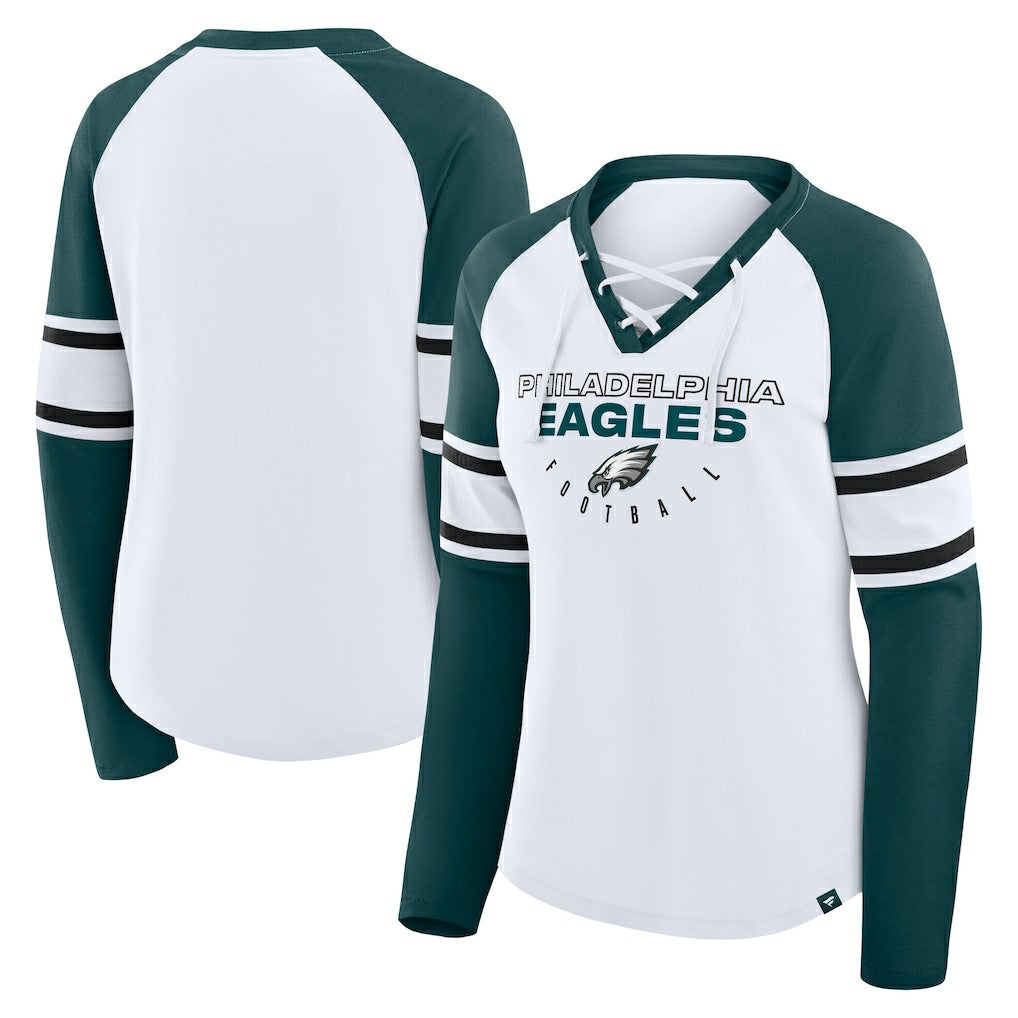 Philadelphia Eagles Women's Redzone Blitz Package Raglan Lace-Up V-Neck Long Sleeve T-Shirt White/Green - Fanatics