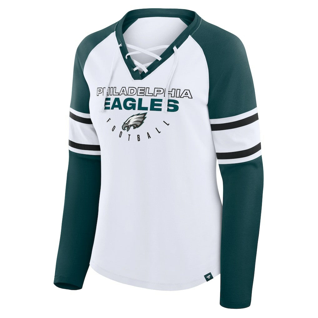 Philadelphia Eagles Women's Redzone Blitz Package Raglan Lace-Up V-Neck Long Sleeve T-Shirt White/Green - Fanatics