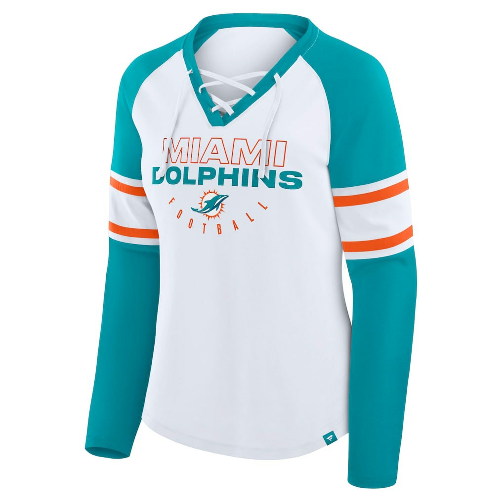 Miami Dolphins Women's Redzone Blitz Package Raglan Lace-Up V-Neck Long Sleeve T-Shirt White/Aqua - Fanatics