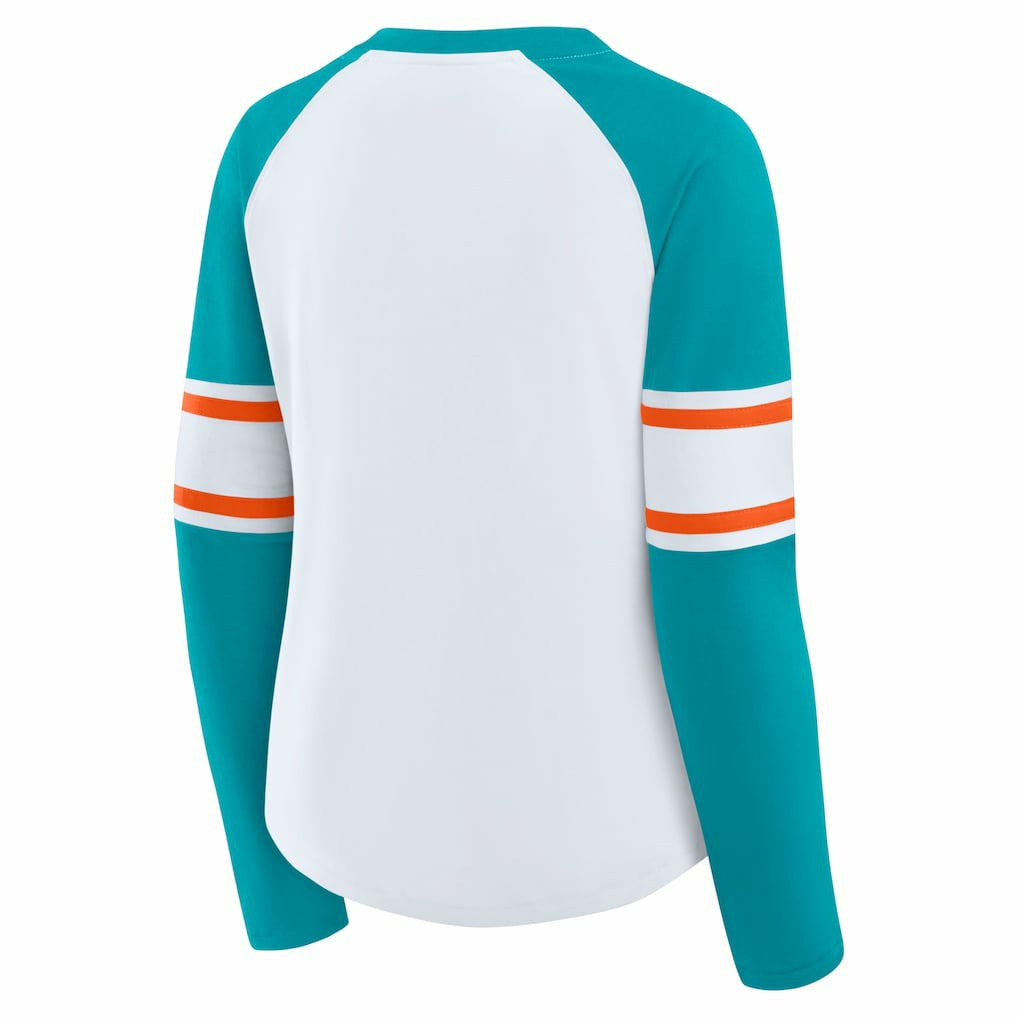 Miami Dolphins Women's Redzone Blitz Package Raglan Lace-Up V-Neck Long Sleeve T-Shirt White/Aqua - Fanatics
