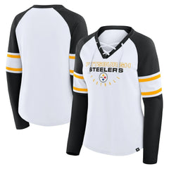 Pittsburgh Steelers Women's Redzone Blitz Package Raglan Lace-Up V-Neck Long Sleeve T-Shirt White/Black - Fanatics