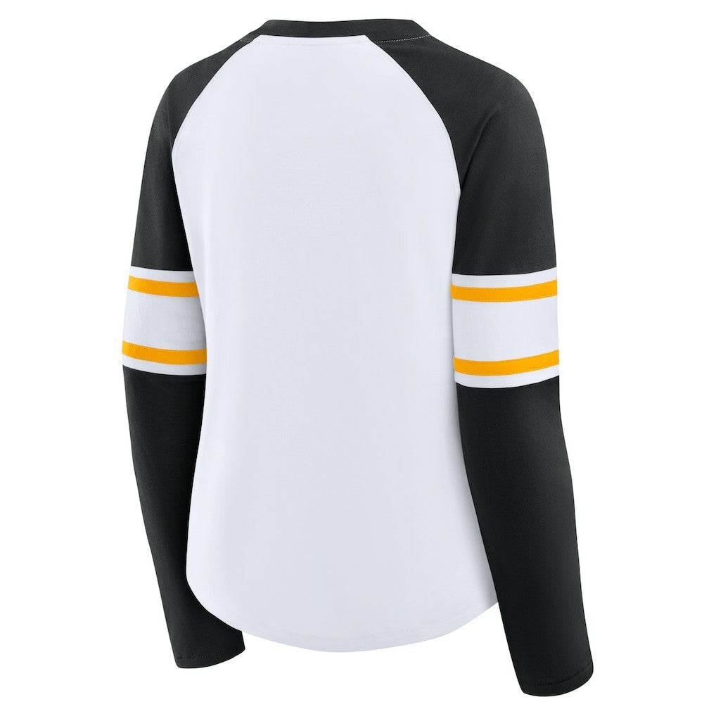 Pittsburgh Steelers Women's Redzone Blitz Package Raglan Lace-Up V-Neck Long Sleeve T-Shirt White/Black - Fanatics
