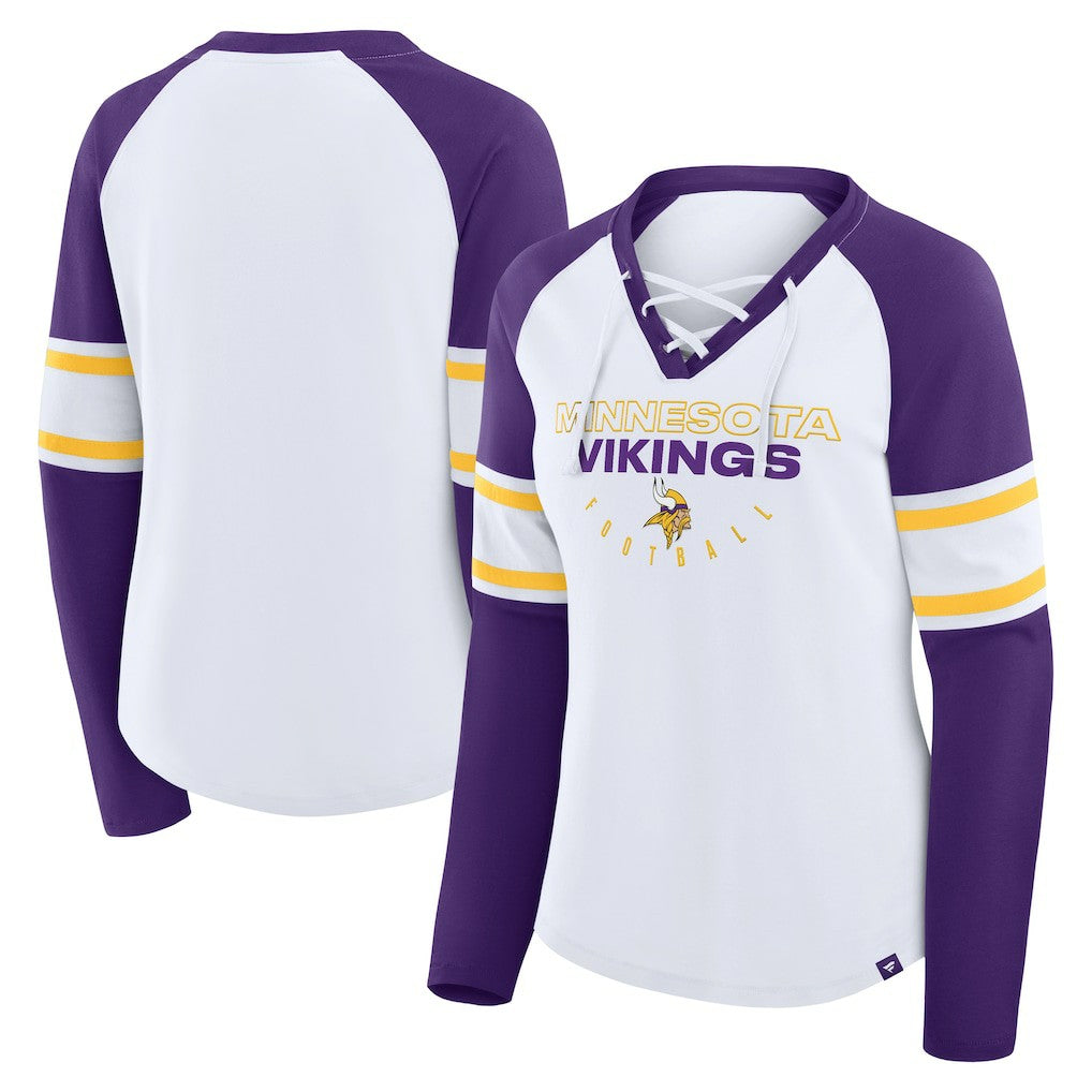 Minnesota Vikings Women's Redzone Blitz Package Raglan Lace-Up V-Neck Long Sleeve T-Shirt White/Purple - Fanatics