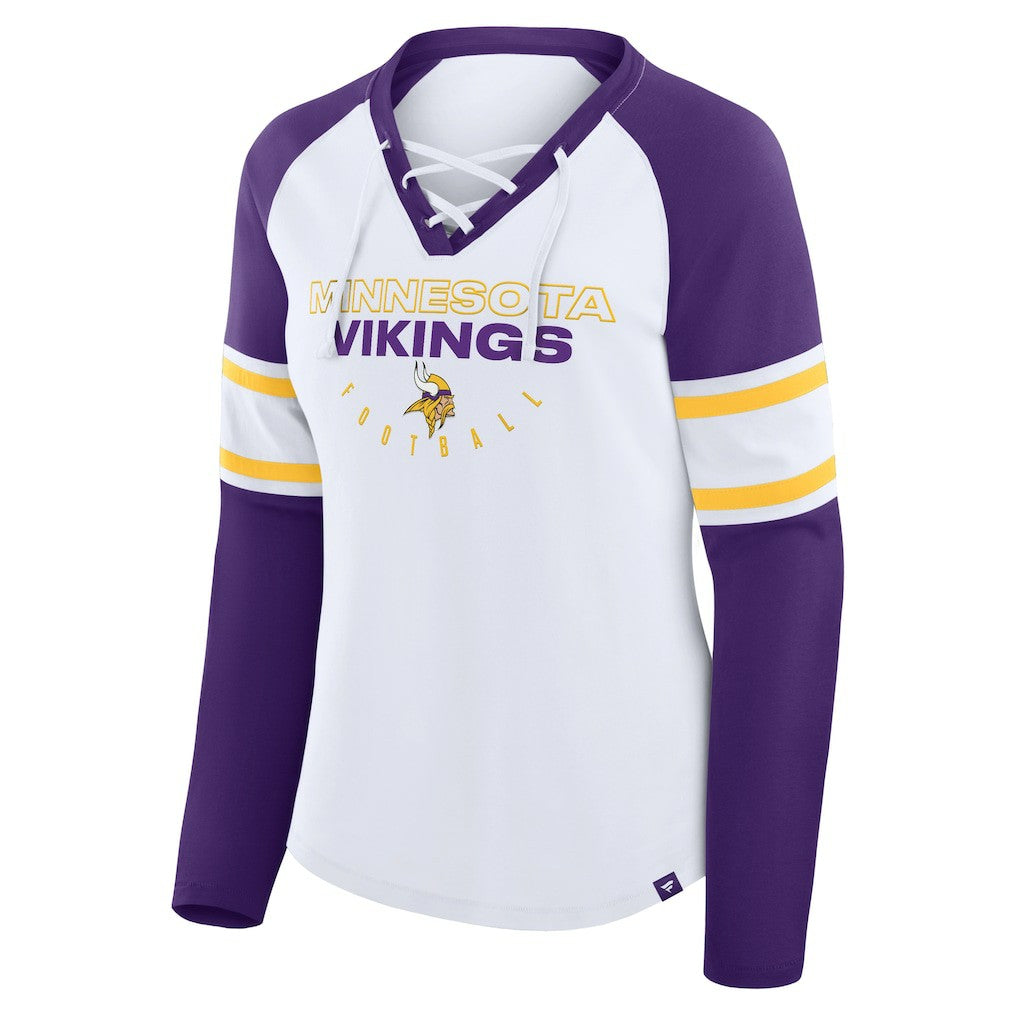 Minnesota Vikings Women's Redzone Blitz Package Raglan Lace-Up V-Neck Long Sleeve T-Shirt White/Purple - Fanatics