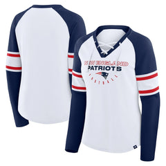 New England Patriots Women's Redzone Blitz Package Raglan Lace-Up V-Neck Long Sleeve T-Shirt White/Navy - Fanatics