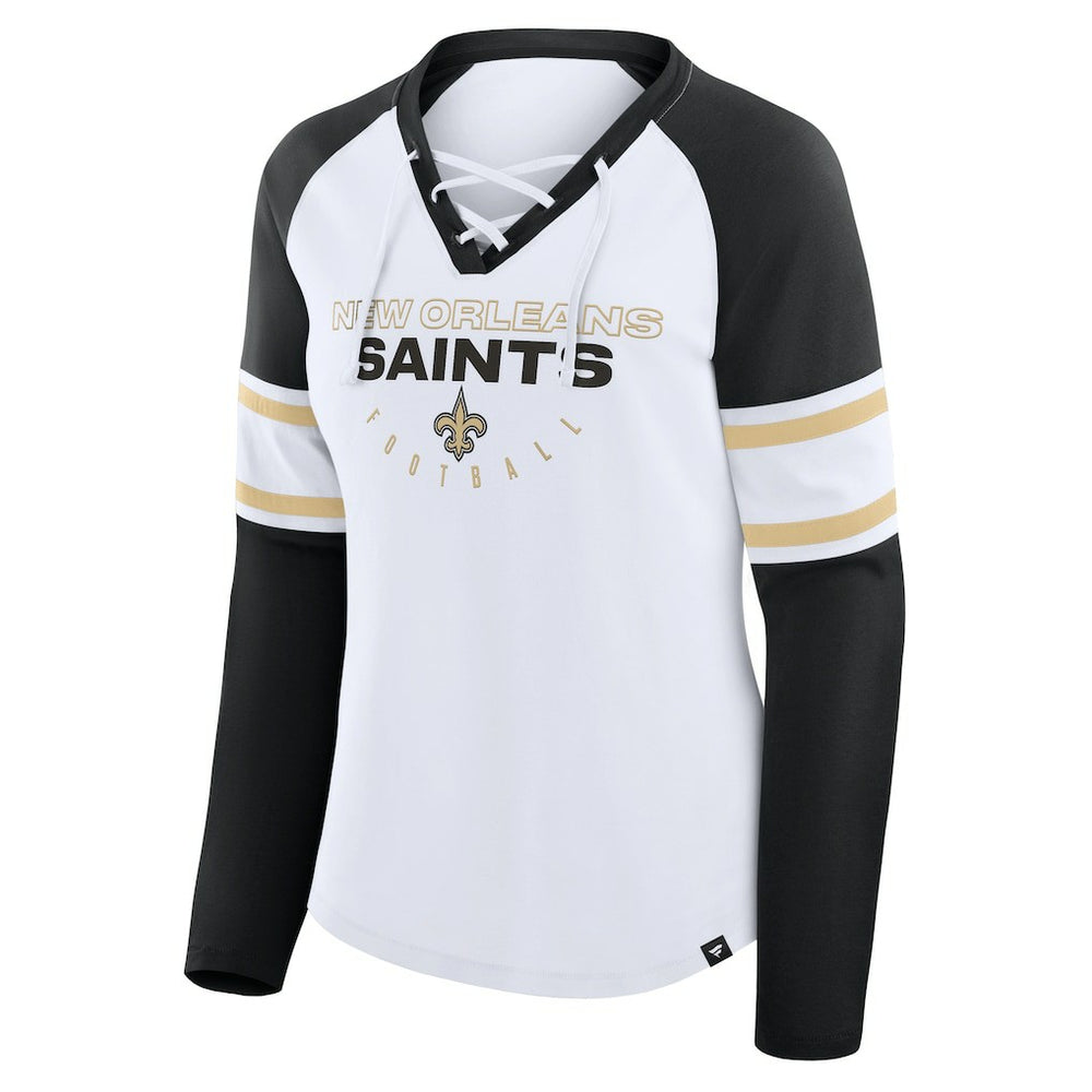 New Orleans Saints Women's Redzone Blitz Package Raglan Lace-Up V-Neck Long Sleeve T-Shirt White/Black - Fanatics