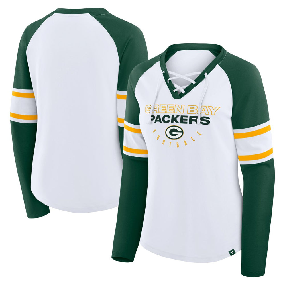 Green Bay Packers Women's Redzone Blitz Package Raglan Lace-Up V-Neck Long Sleeve T-Shirt White/Green - Fanatics