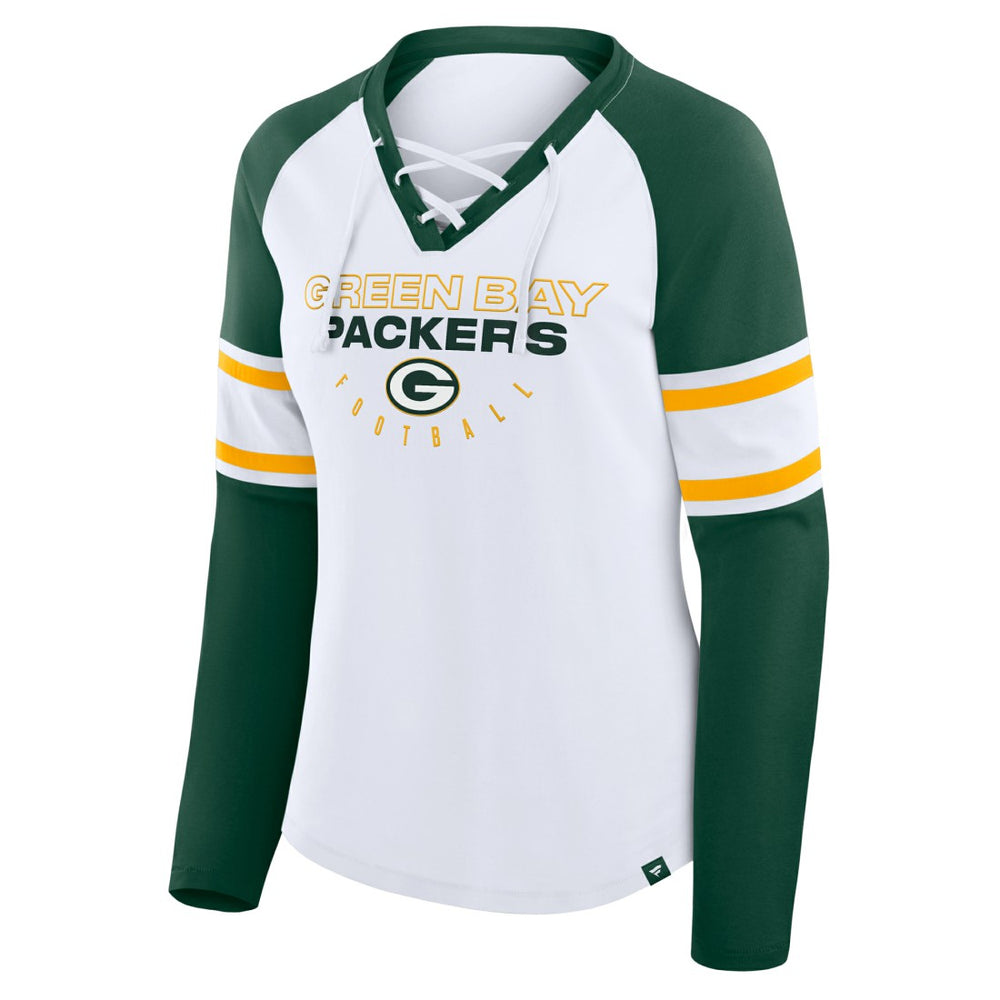 Green Bay Packers Women's Redzone Blitz Package Raglan Lace-Up V-Neck Long Sleeve T-Shirt White/Green - Fanatics