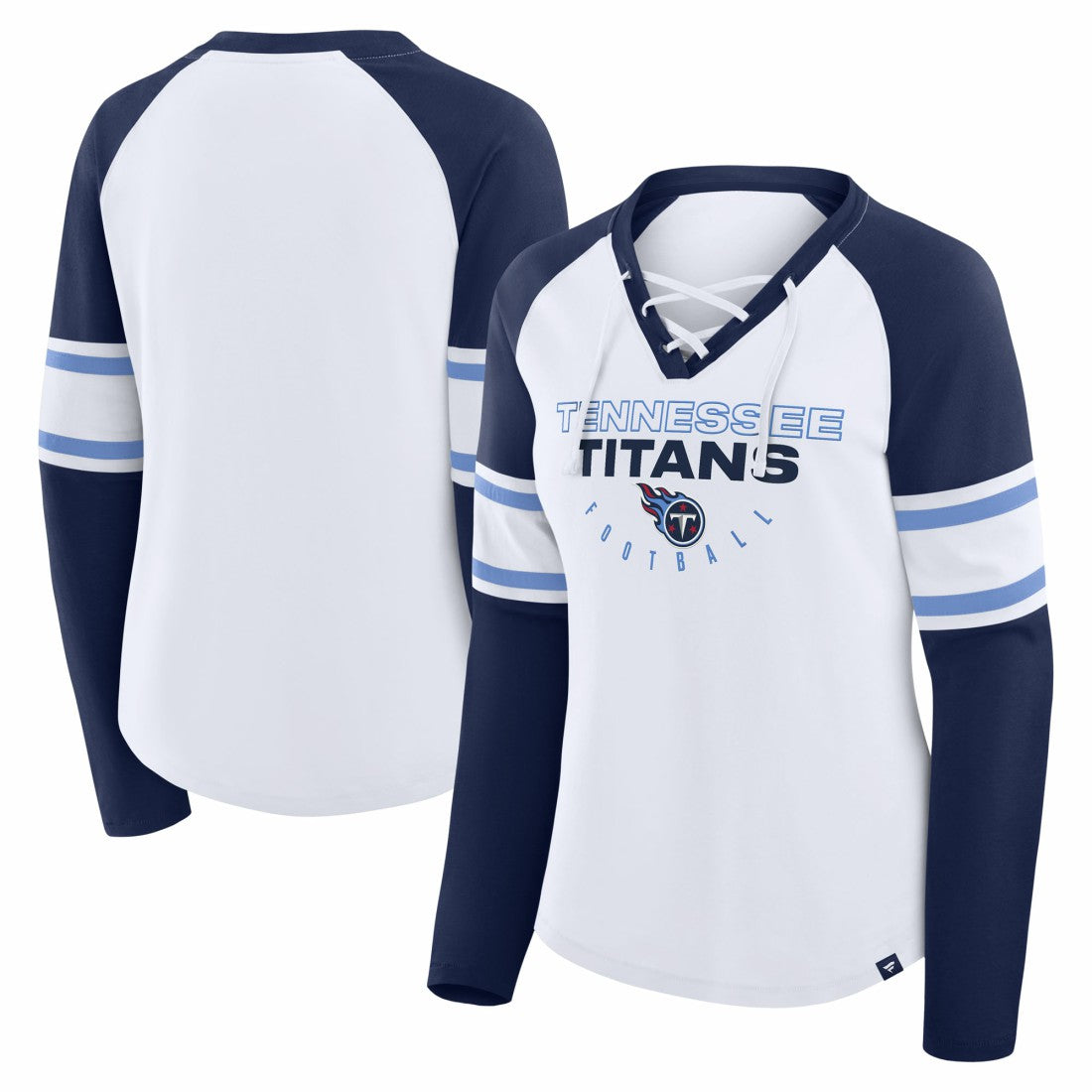Tennessee Titans Women's Redzone Blitz Package Raglan Lace-Up V-Neck Long Sleeve T-Shirt White/Navy - Fanatics