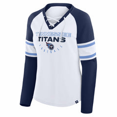 Tennessee Titans Women's Redzone Blitz Package Raglan Lace-Up V-Neck Long Sleeve T-Shirt White/Navy - Fanatics