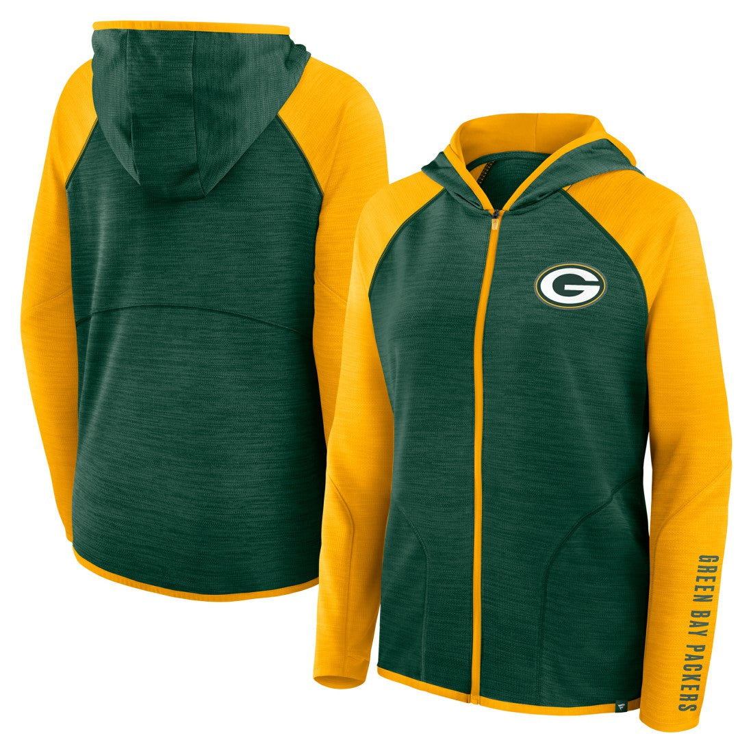 Green Bay Packers Women's Redzone End Around Pass Raglan Full-Zip Hoodie Green/Gold - Fanatics