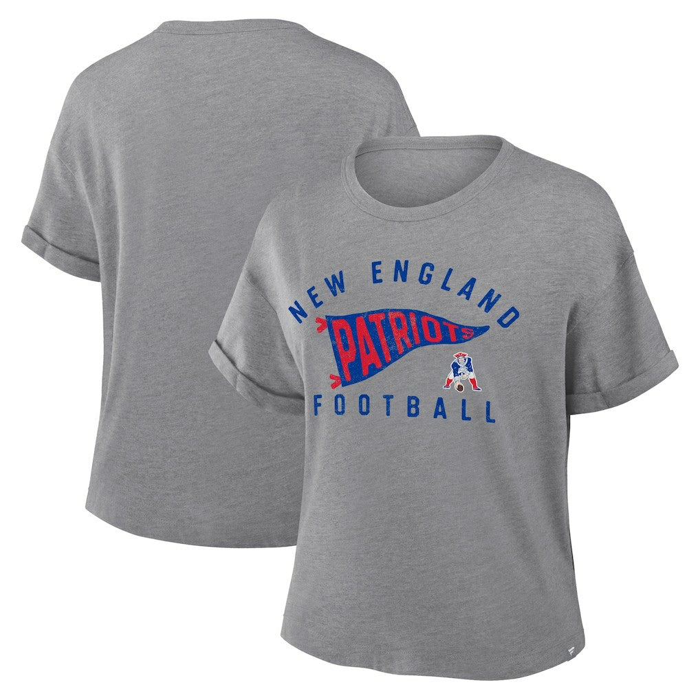 New England Patriots Women's Pennant Wave Tribute Tri-Blend Boxy T-Shirt Heather Gray - Fanatics