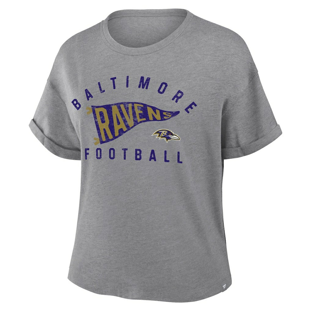 Baltimore Ravens Women's Pennant Wave Tribute Tri-Blend Boxy T-Shirt Heather Gray - Fanatics