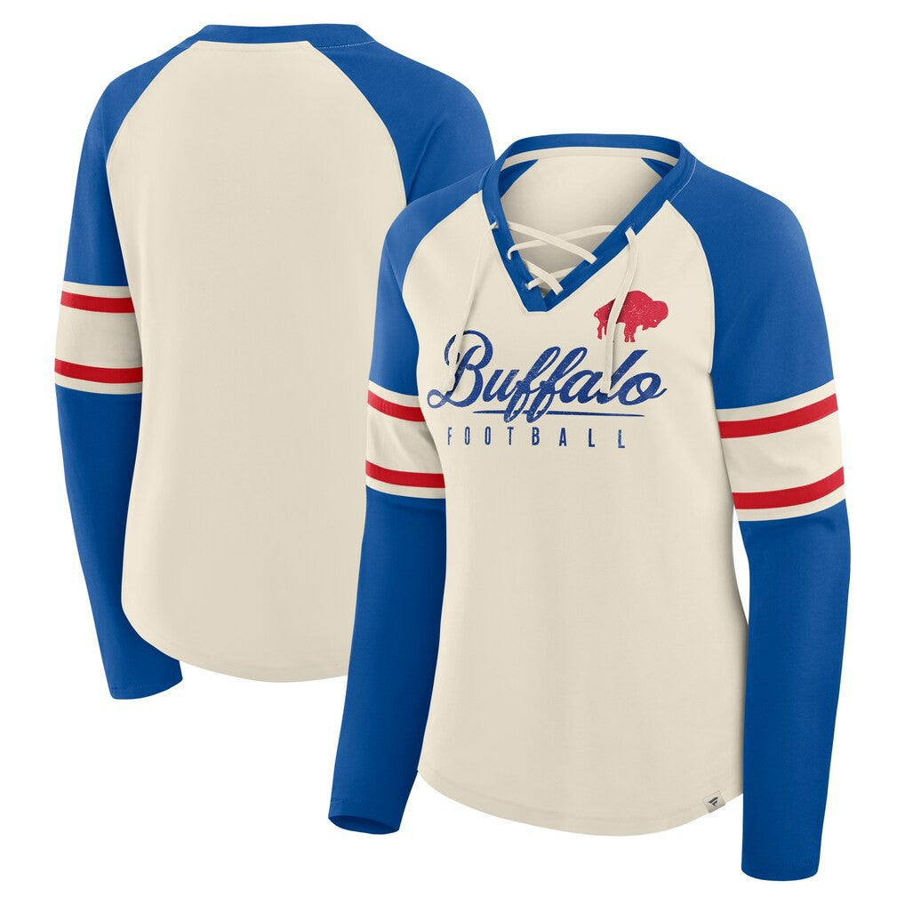 Buffalo Bills Women's Hometown Gridiron Hero Raglan Lace-Up V-Neck Long Sleeve T-Shirt Cream/Royal - Fanatics