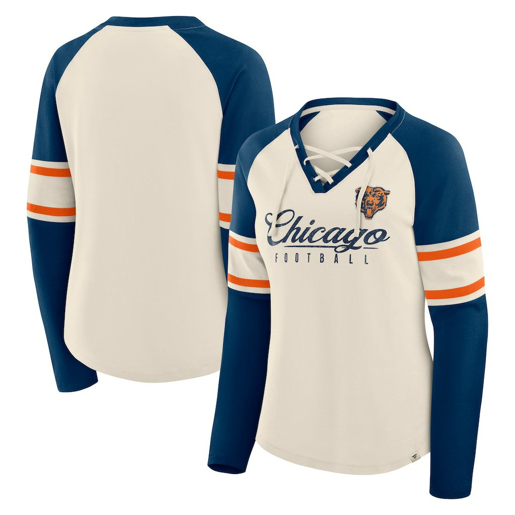Chicago Bears Women's Hometown Gridiron Hero Raglan Lace-Up V-Neck Long Sleeve T-Shirt Cream/Navy - Fanatics