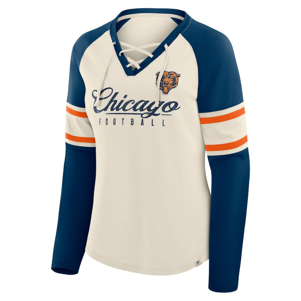 Chicago Bears Women's Hometown Gridiron Hero Raglan Lace-Up V-Neck Long Sleeve T-Shirt Cream/Navy - Fanatics
