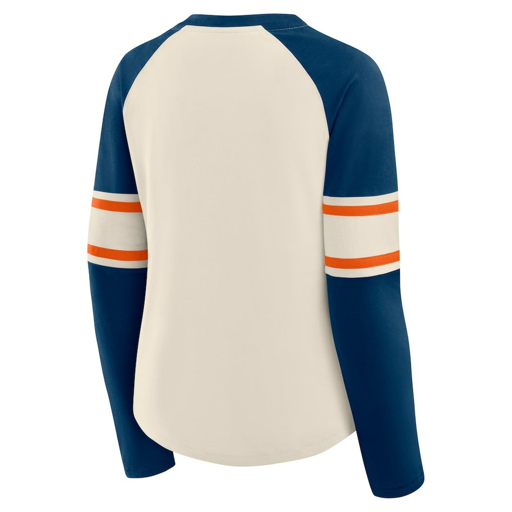 Chicago Bears Women's Hometown Gridiron Hero Raglan Lace-Up V-Neck Long Sleeve T-Shirt Cream/Navy - Fanatics