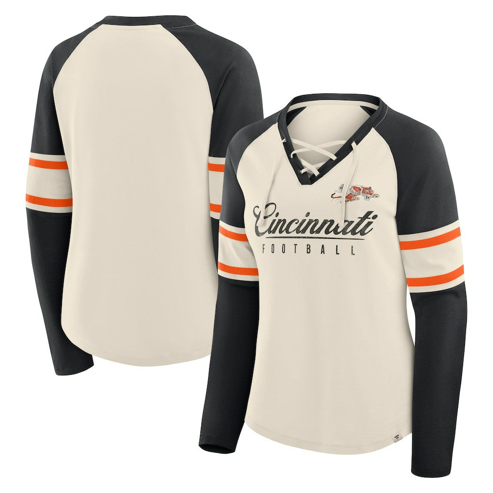 Cincinnati Bengals Women's Hometown Gridiron Hero Raglan Lace-Up V-Neck Long Sleeve T-Shirt Cream/Black - Fanatics