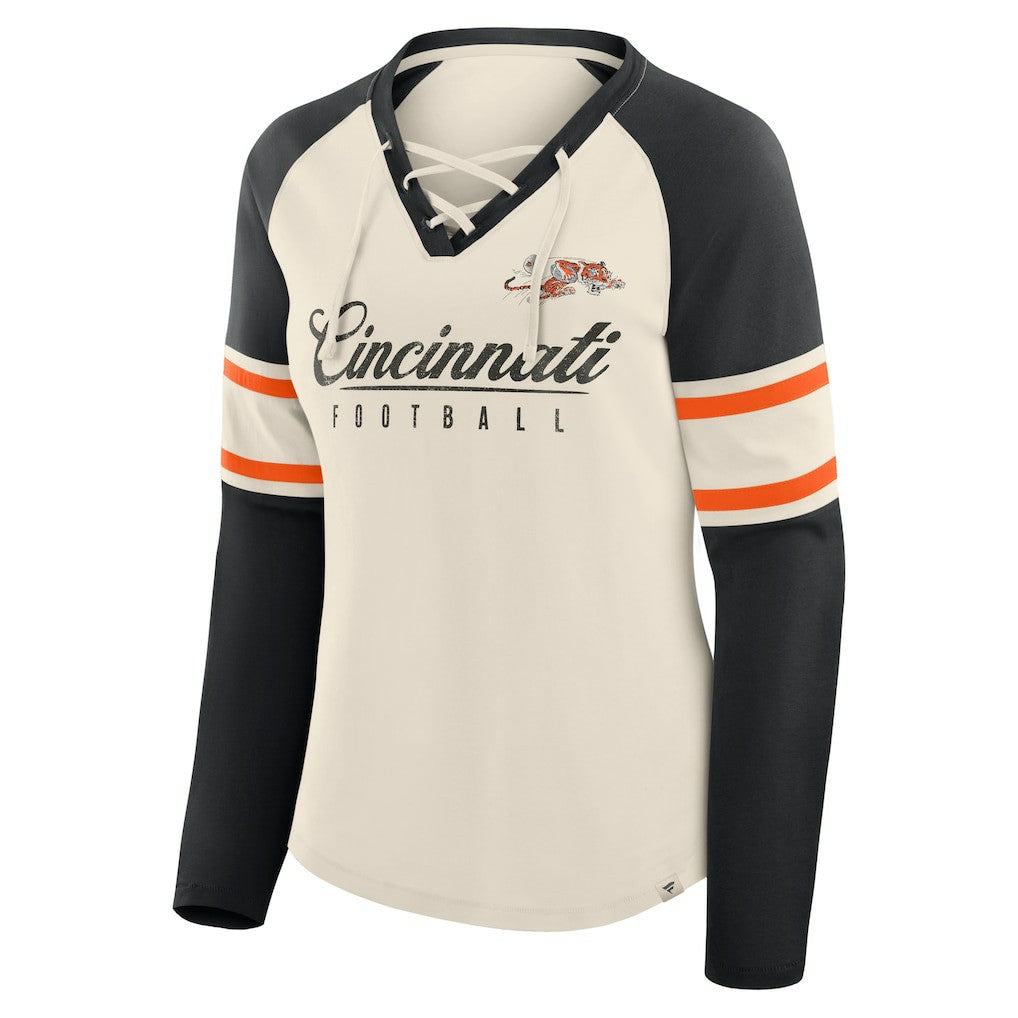 Cincinnati Bengals Women's Hometown Gridiron Hero Raglan Lace-Up V-Neck Long Sleeve T-Shirt Cream/Black - Fanatics