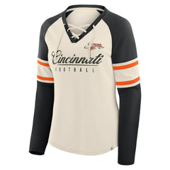 Cincinnati Bengals Women's Hometown Gridiron Hero Raglan Lace-Up V-Neck Long Sleeve T-Shirt Cream/Black - Fanatics