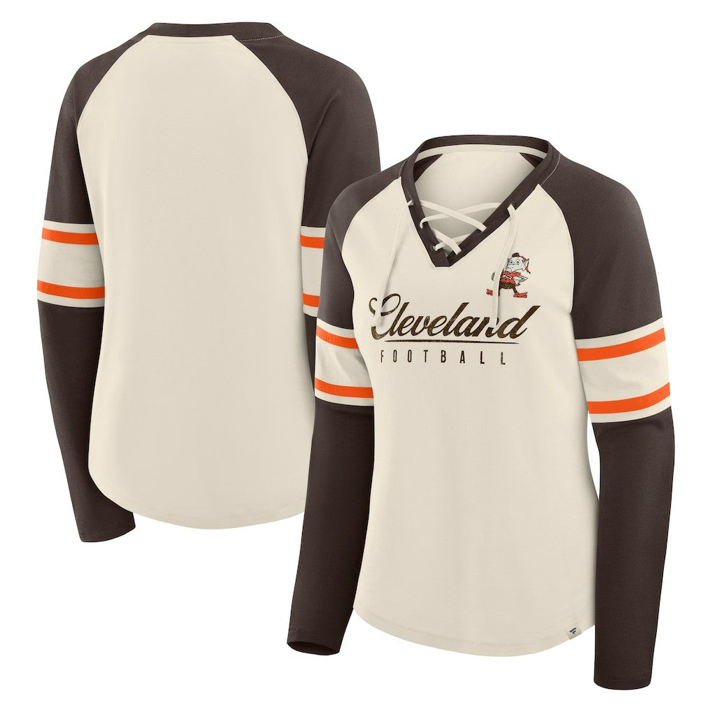 Cleveland Browns Women's Hometown Gridiron Hero Raglan Lace-Up V-Neck Long Sleeve T-Shirt Cream/Brown - Fanatics