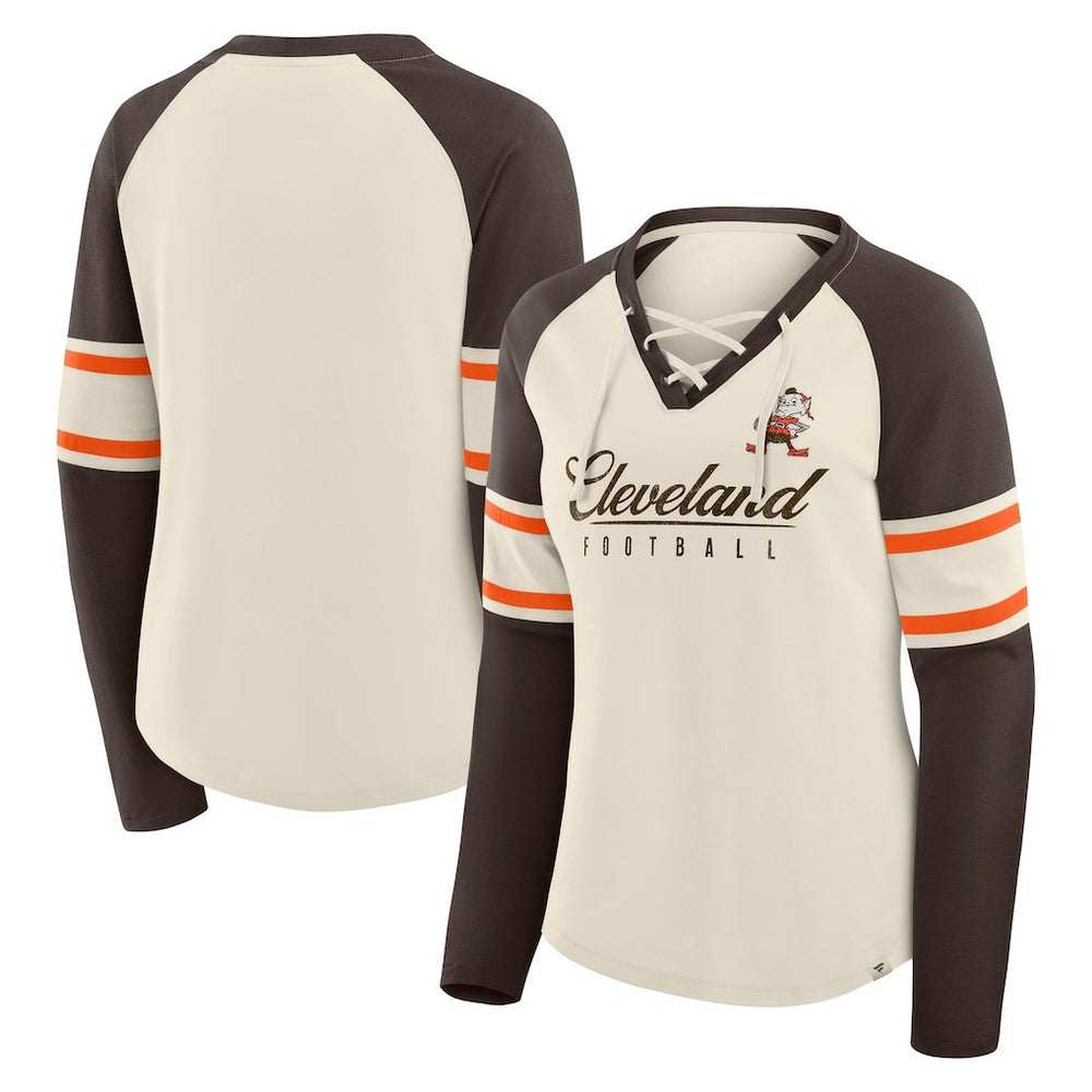 Cleveland Browns Women's Hometown Gridiron Hero Raglan Lace-Up V-Neck Long Sleeve T-Shirt Cream/Brown - Fanatics