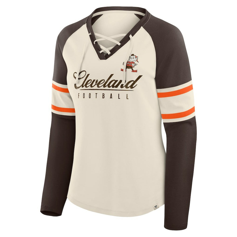 Cleveland Browns Women's Hometown Gridiron Hero Raglan Lace-Up V-Neck Long Sleeve T-Shirt Cream/Brown - Fanatics
