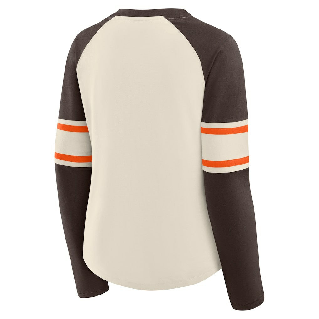 Cleveland Browns Women's Hometown Gridiron Hero Raglan Lace-Up V-Neck Long Sleeve T-Shirt Cream/Brown - Fanatics