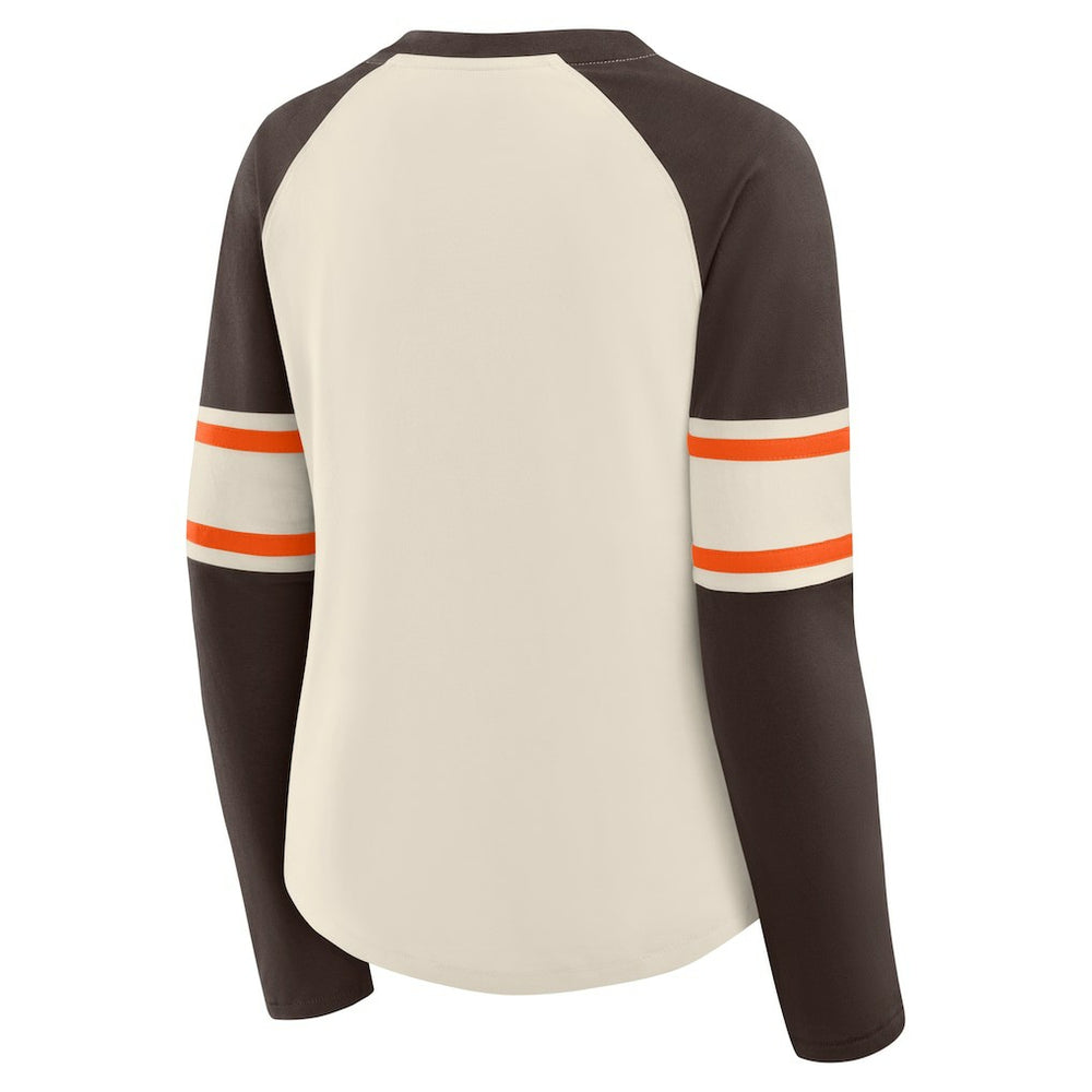 Cleveland Browns Women's Hometown Gridiron Hero Raglan Lace-Up V-Neck Long Sleeve T-Shirt Cream/Brown - Fanatics