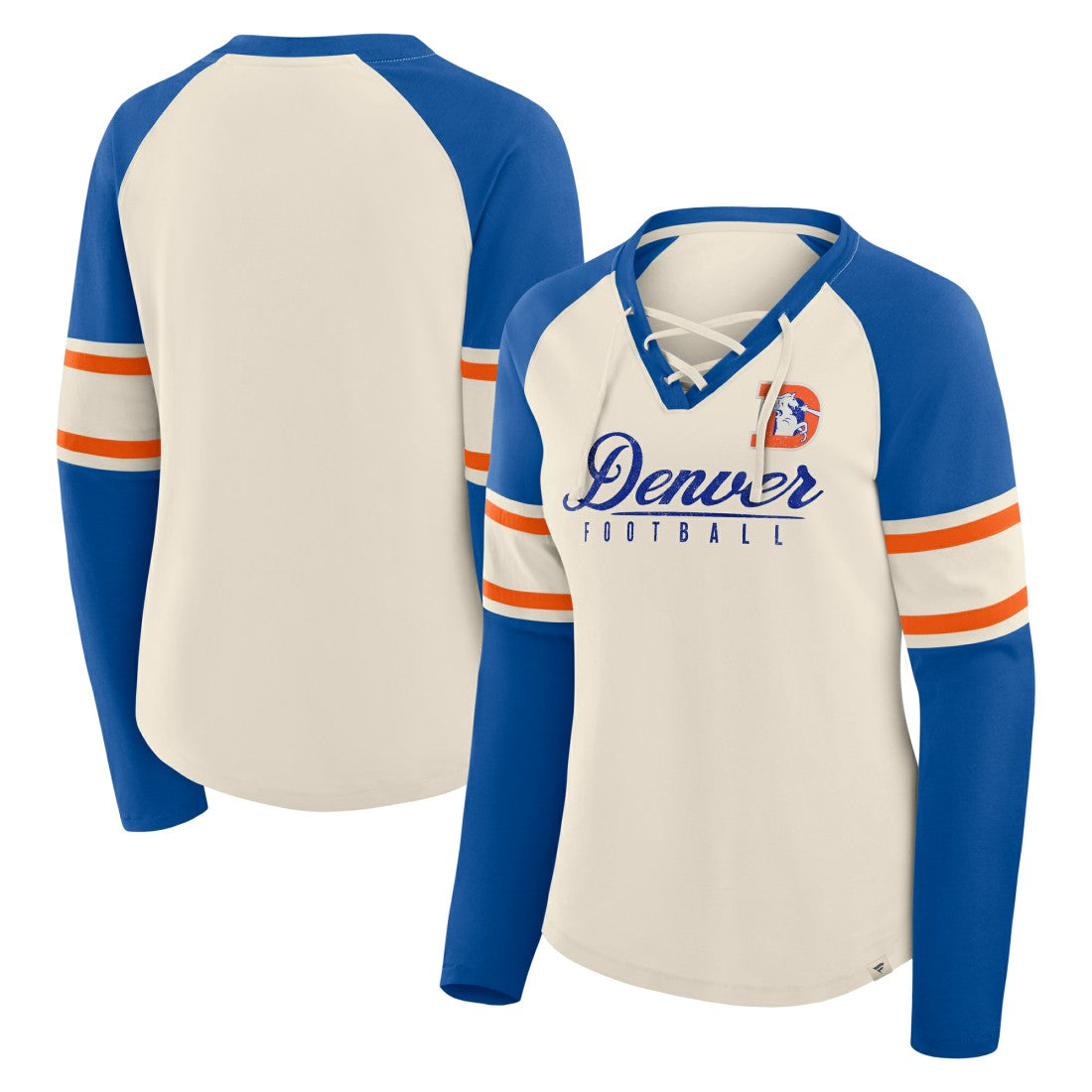 Denver Broncos Women's Hometown Gridiron Hero Raglan Lace-Up V-Neck Long Sleeve T-Shirt Cream/Royal - Fanatics