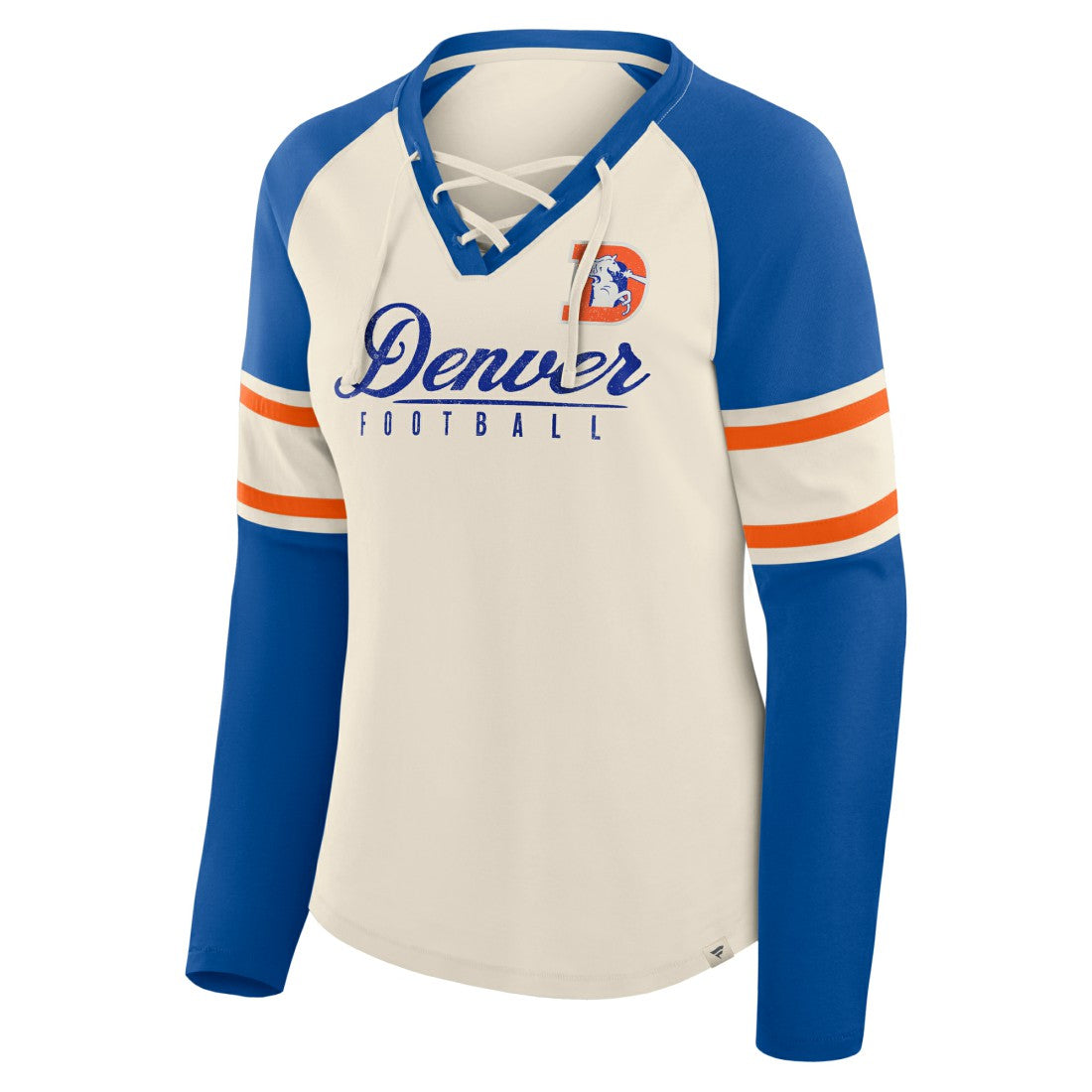 Denver Broncos Women's Hometown Gridiron Hero Raglan Lace-Up V-Neck Long Sleeve T-Shirt Cream/Royal - Fanatics