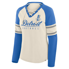 Detroit Lions Women's Hometown Gridiron Hero Raglan Lace-Up V-Neck Long Sleeve T-Shirt Cream/Blue - Fanatics