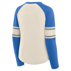 Detroit Lions Women's Hometown Gridiron Hero Raglan Lace-Up V-Neck Long Sleeve T-Shirt Cream/Blue - Fanatics