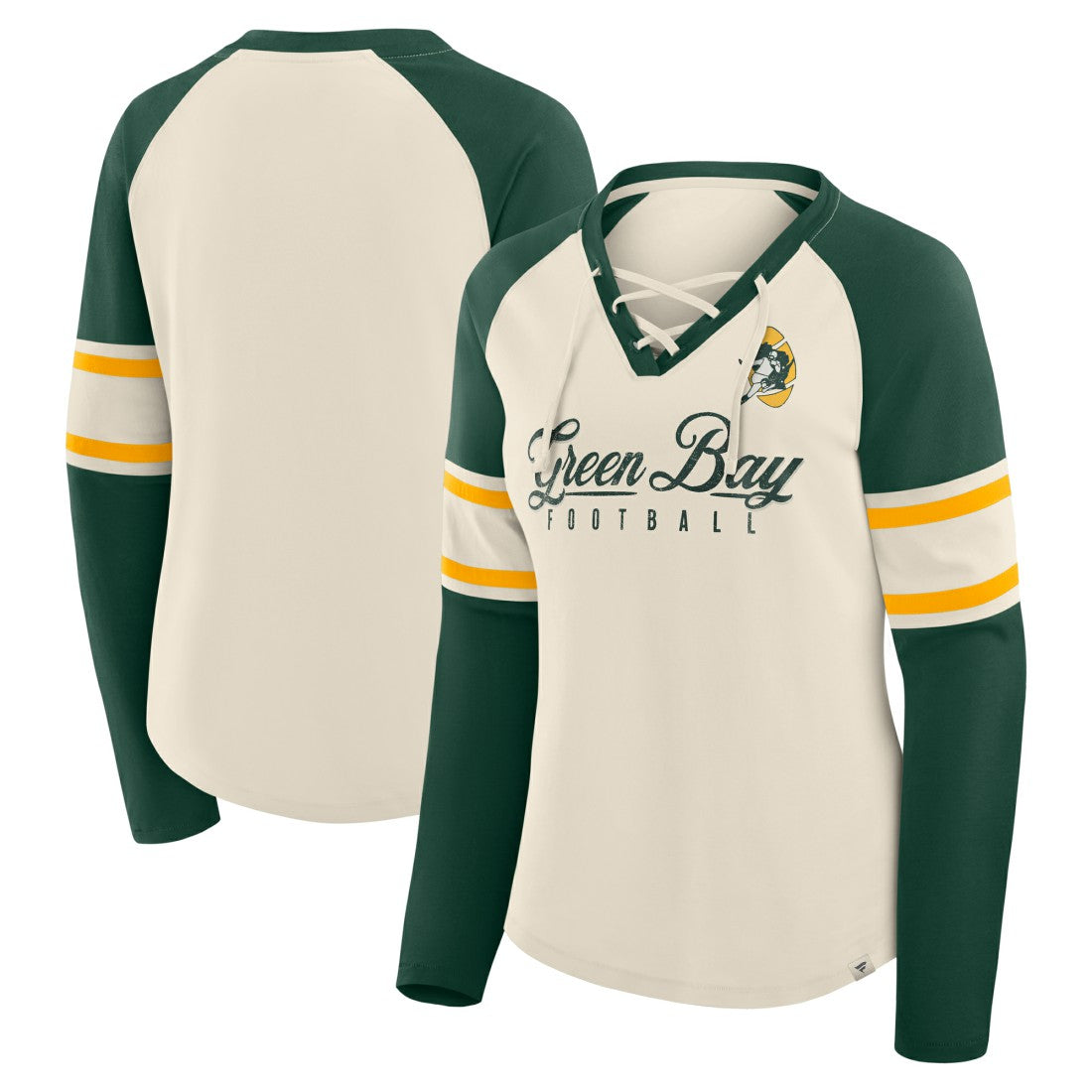 Green Bay Packers Women's Hometown Gridiron Hero Raglan Lace-Up V-Neck Long Sleeve T-Shirt Cream/Green - Fanatics