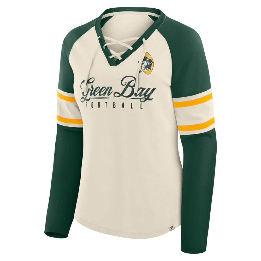 Green Bay Packers Women's Hometown Gridiron Hero Raglan Lace-Up V-Neck Long Sleeve T-Shirt Cream/Green - Fanatics