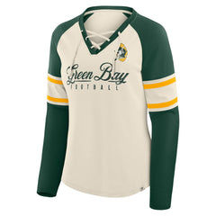 Green Bay Packers Women's Hometown Gridiron Hero Raglan Lace-Up V-Neck Long Sleeve T-Shirt Cream/Green - Fanatics