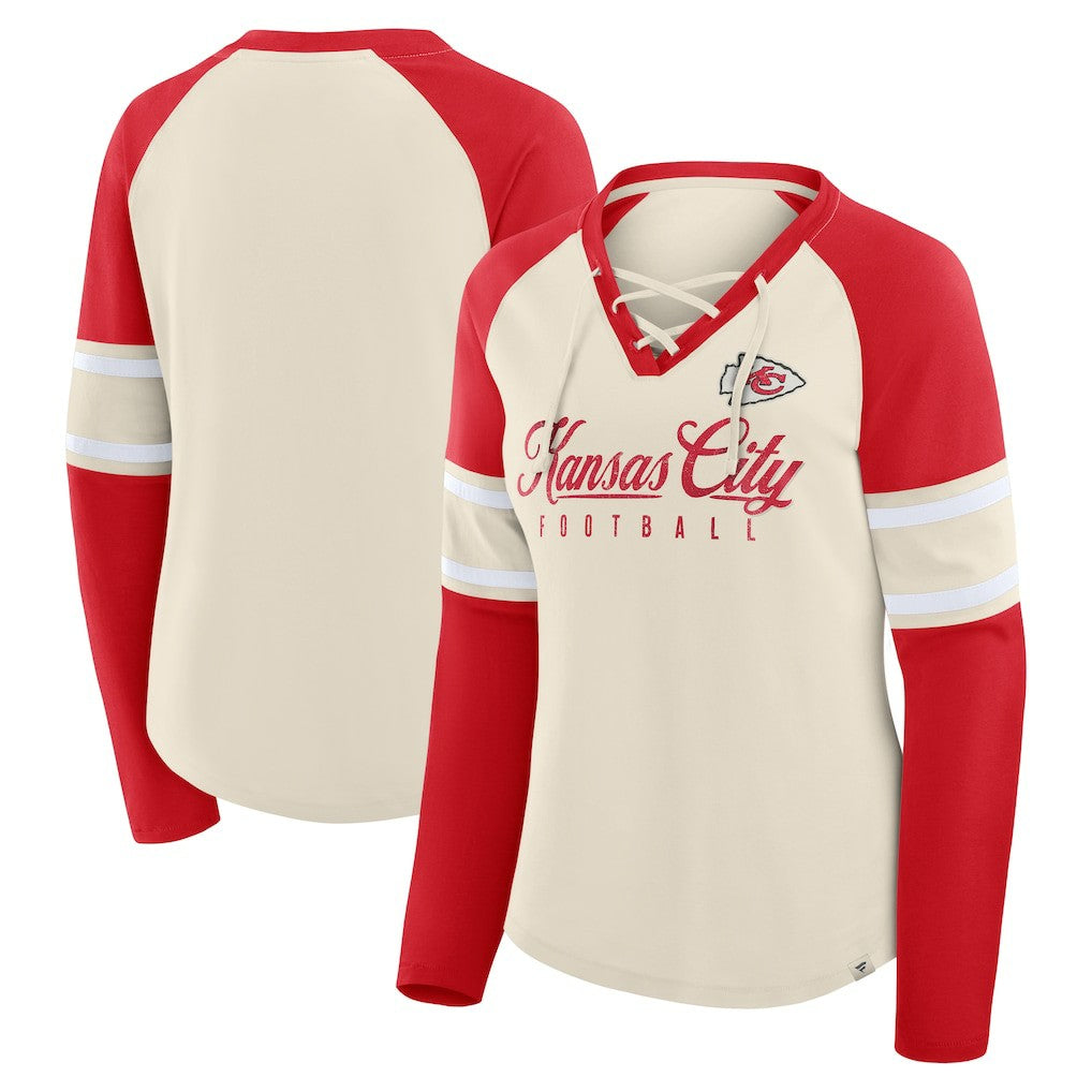 Kansas City Chiefs Women's Hometown Gridiron Hero Raglan Lace-Up V-Neck Long Sleeve T-Shirt Cream/Red - Fanatics